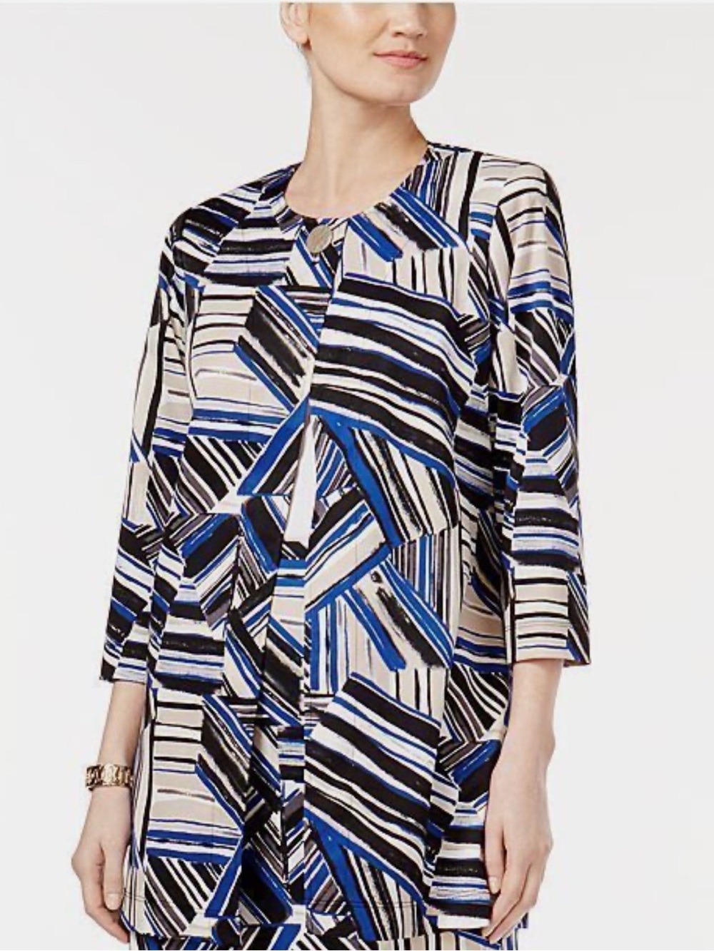 Kasper Blue Black White Geometric Print Topper Jacket